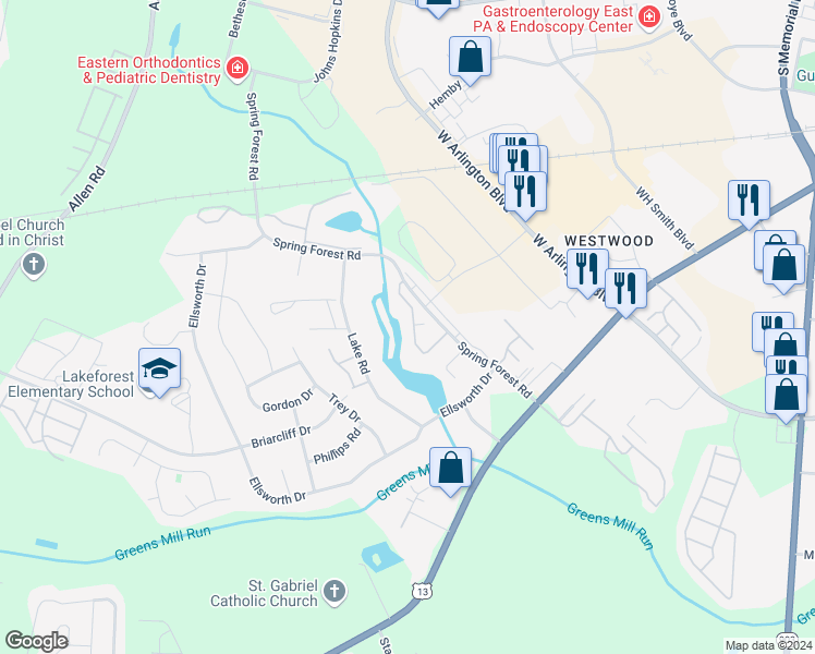 map of restaurants, bars, coffee shops, grocery stores, and more near 900 Spring Forest Road in Greenville