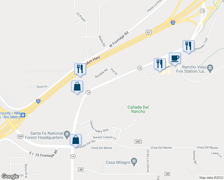 map of restaurants, bars, coffee shops, grocery stores, and more near 9 Rumble Road in Santa Fe