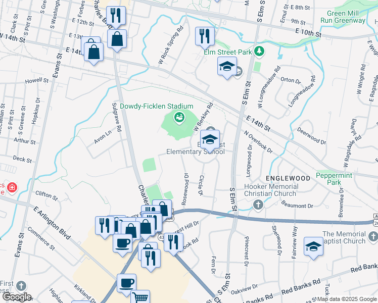 map of restaurants, bars, coffee shops, grocery stores, and more near 1700 West Berkley Road in Greenville