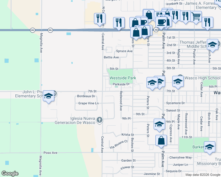 map of restaurants, bars, coffee shops, grocery stores, and more near 2700 7th Street in Wasco