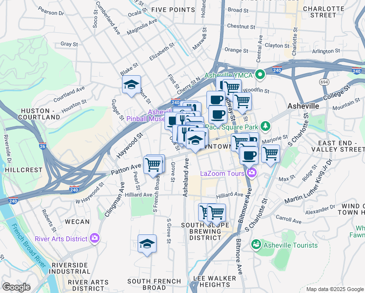map of restaurants, bars, coffee shops, grocery stores, and more near 1 Page Avenue in Asheville