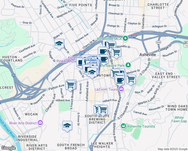 map of restaurants, bars, coffee shops, grocery stores, and more near 37 Battery Park Avenue in Asheville