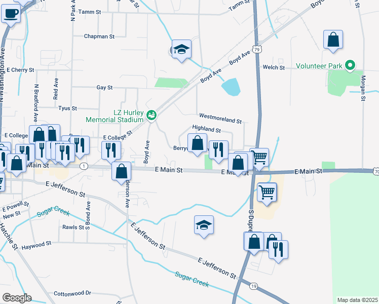 map of restaurants, bars, coffee shops, grocery stores, and more near 1085 Berrywood Avenue in Brownsville