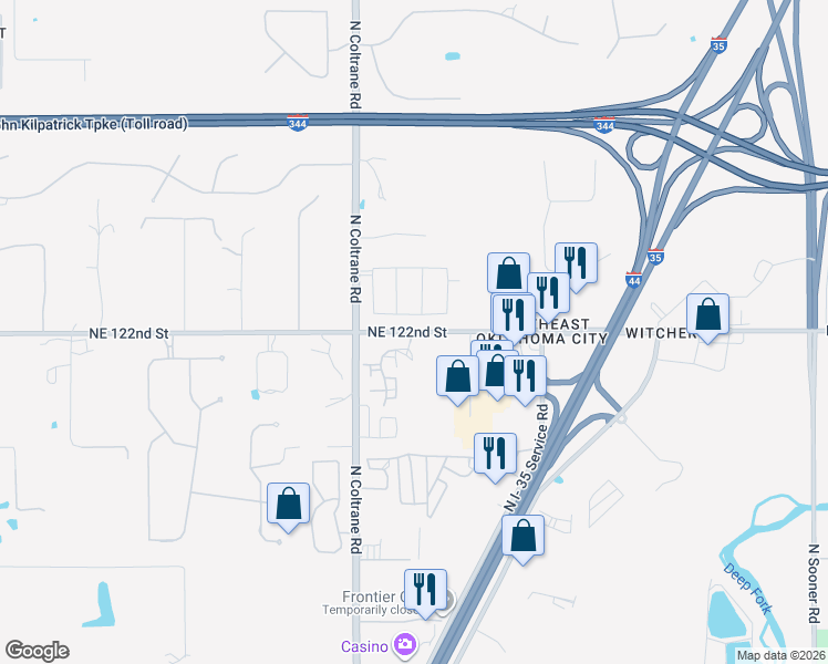 map of restaurants, bars, coffee shops, grocery stores, and more near 4495 Northeast 122nd Street in Oklahoma City