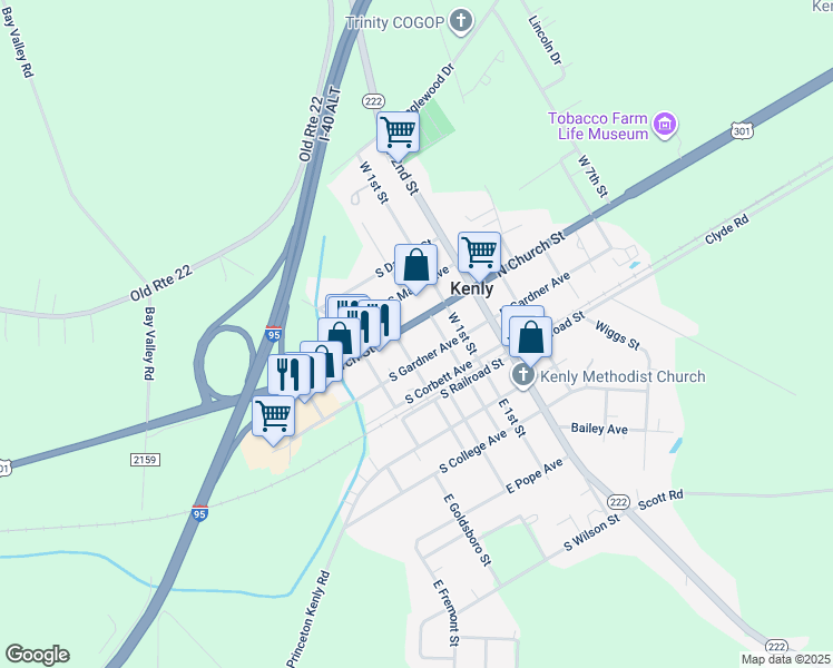 map of restaurants, bars, coffee shops, grocery stores, and more near in Kenly