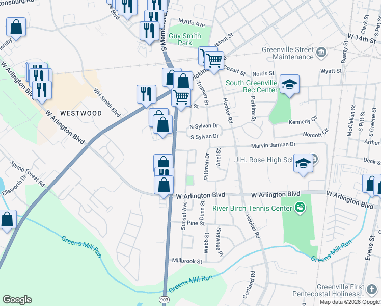 map of restaurants, bars, coffee shops, grocery stores, and more near 200 Glenwood Drive in Greenville
