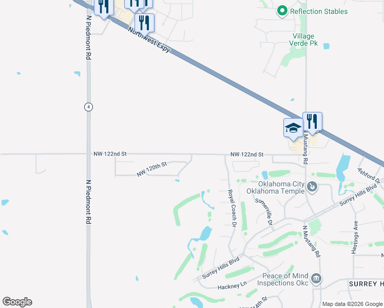 map of restaurants, bars, coffee shops, grocery stores, and more near 11820 Northwest 122nd Street in Yukon