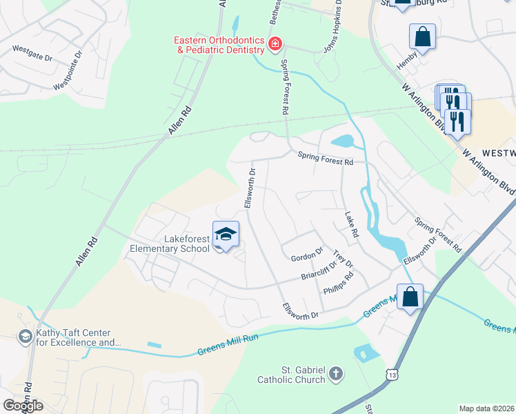 map of restaurants, bars, coffee shops, grocery stores, and more near 3409 Ellsworth Drive in Greenville