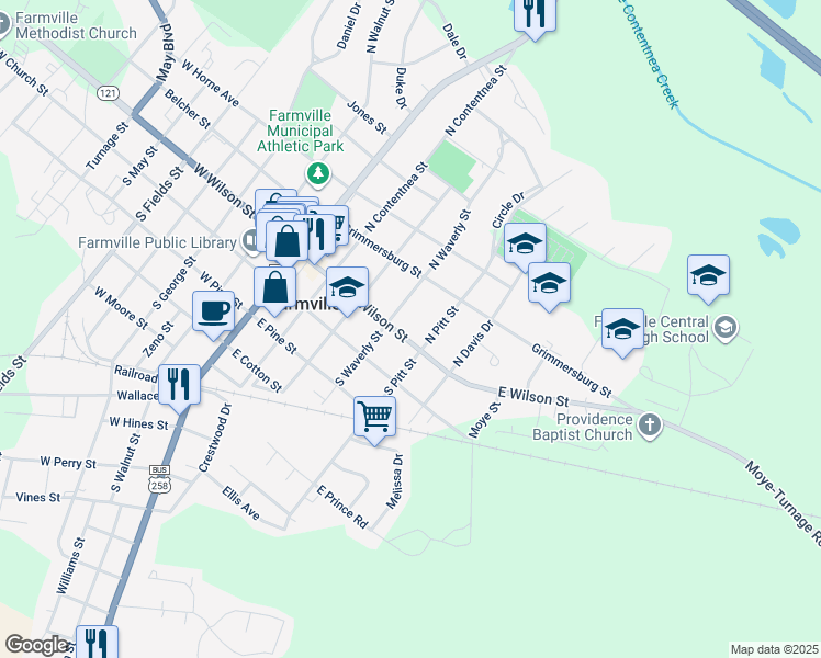 map of restaurants, bars, coffee shops, grocery stores, and more near 3586 Williams Street in Ayden