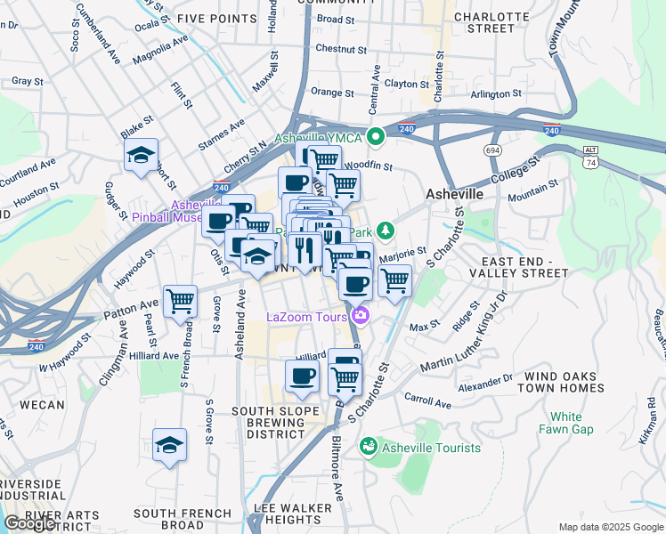 map of restaurants, bars, coffee shops, grocery stores, and more near 11 Patton Avenue in Asheville