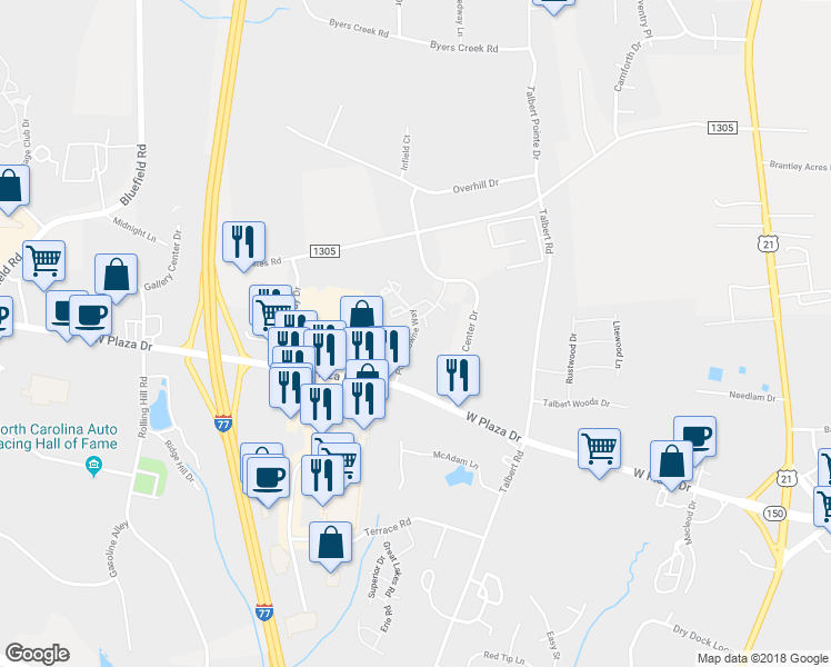 map of restaurants, bars, coffee shops, grocery stores, and more near 128 Portestowne Way in Mooresville