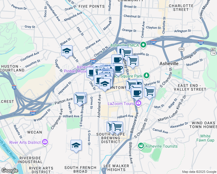 map of restaurants, bars, coffee shops, grocery stores, and more near 37 Battery Park Avenue in Asheville