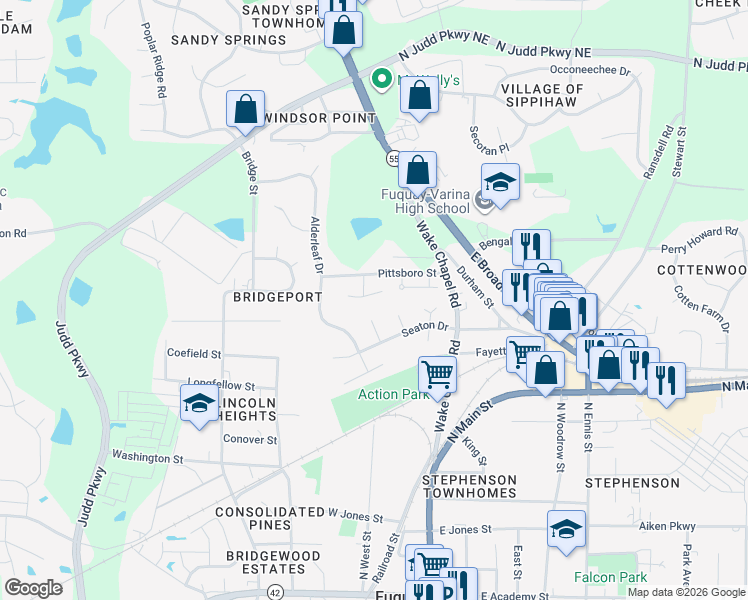 map of restaurants, bars, coffee shops, grocery stores, and more near 265 Santee Circle in Fuquay-Varina