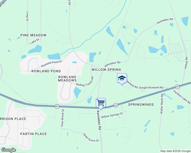 map of restaurants, bars, coffee shops, grocery stores, and more near 2458 Rolling Tracks Road in Wake County