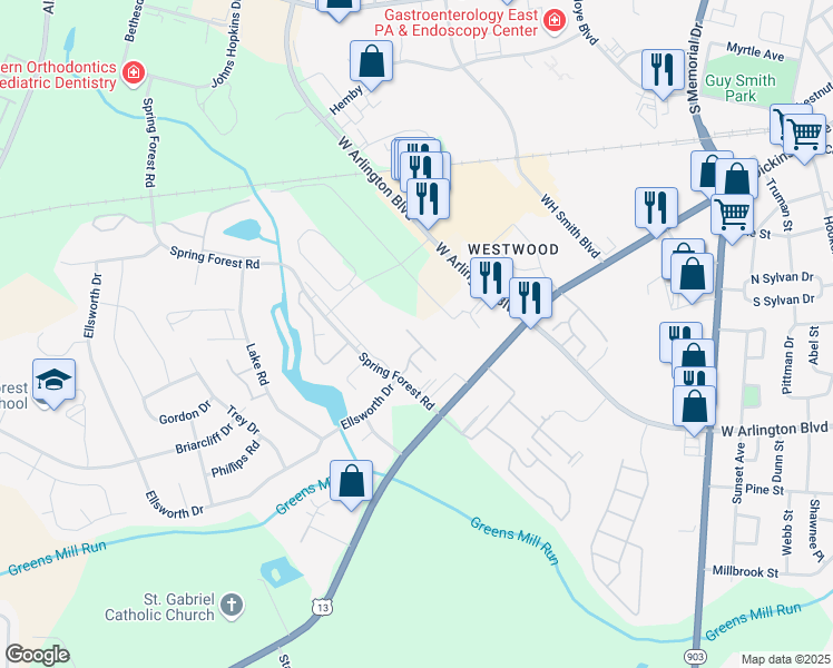 map of restaurants, bars, coffee shops, grocery stores, and more near 985 Spring Forest Road in Greenville