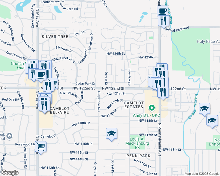 map of restaurants, bars, coffee shops, grocery stores, and more near 2401 Northwest 122nd Street in Oklahoma City