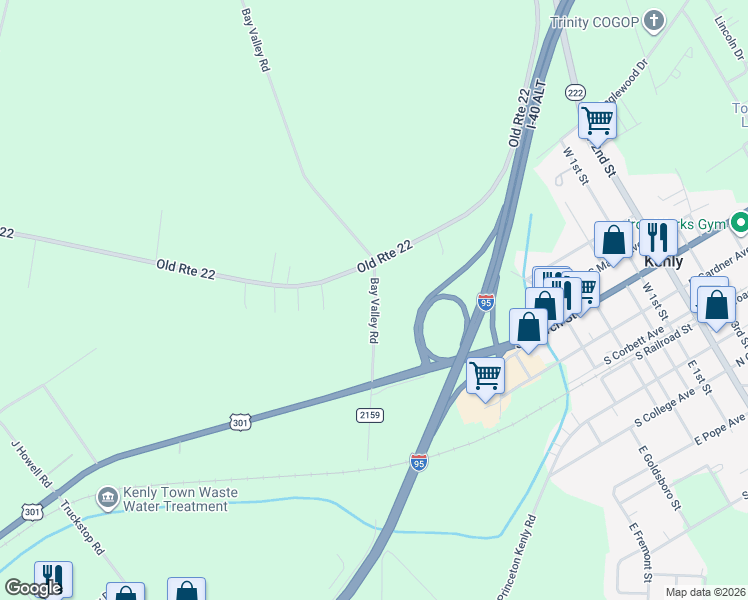map of restaurants, bars, coffee shops, grocery stores, and more near 165 Bay Valley Road in Kenly