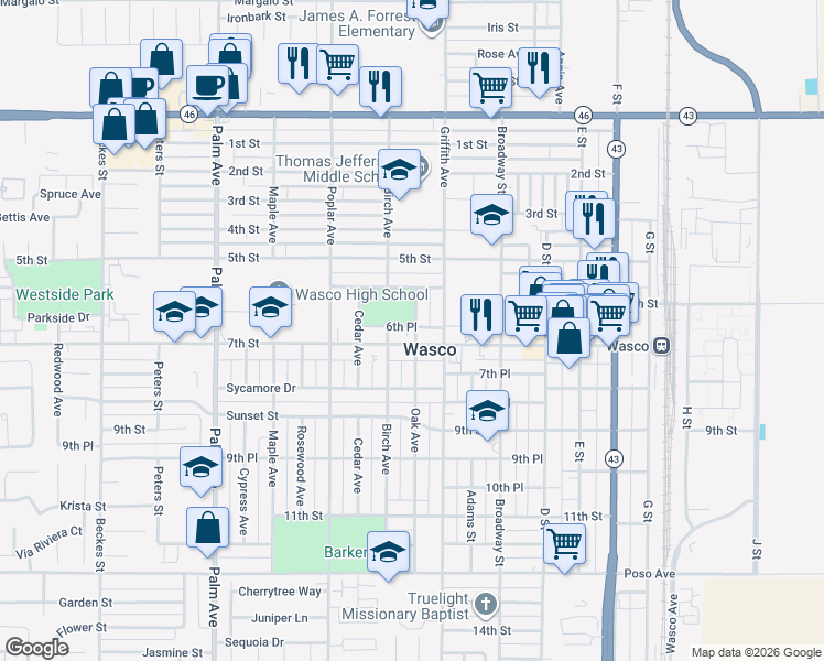 map of restaurants, bars, coffee shops, grocery stores, and more near 662 Oak Avenue in Wasco