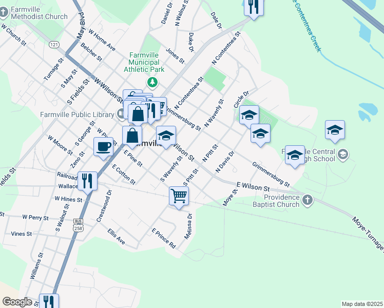 map of restaurants, bars, coffee shops, grocery stores, and more near 3594 East Wilson Street in Farmville