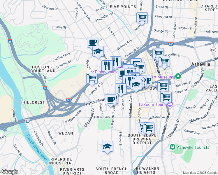 map of restaurants, bars, coffee shops, grocery stores, and more near Carter Street in Asheville