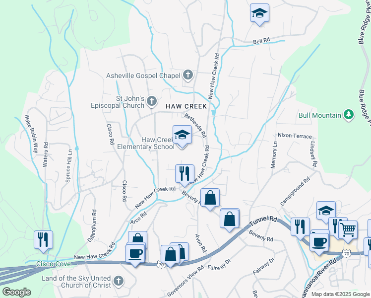 map of restaurants, bars, coffee shops, grocery stores, and more near 21 Trinity Chapel Road in Asheville