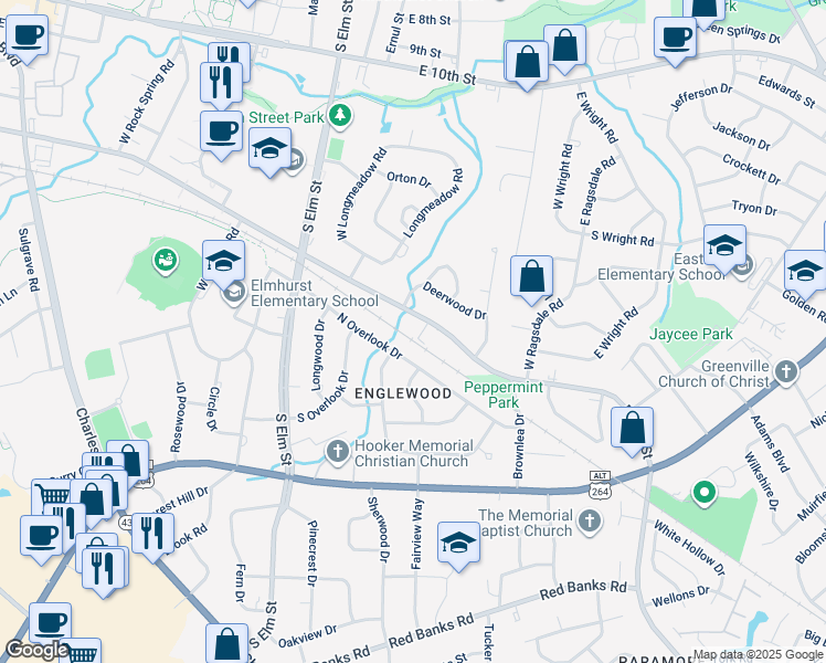 map of restaurants, bars, coffee shops, grocery stores, and more near 1207 East 14th Street in Greenville