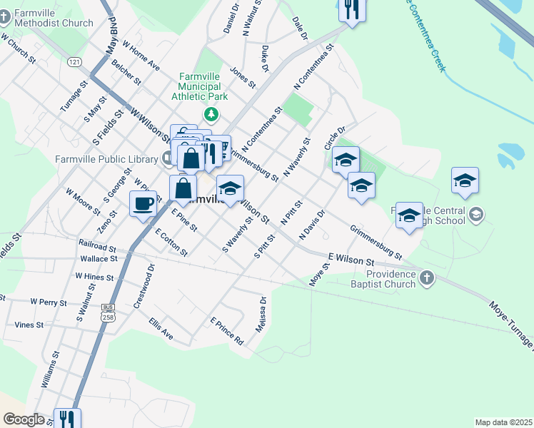 map of restaurants, bars, coffee shops, grocery stores, and more near 3594 East Wilson Street in Farmville
