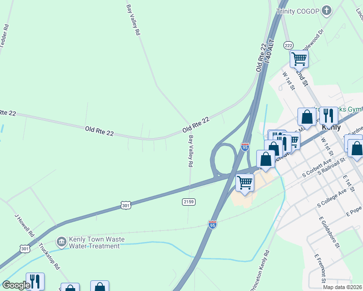 map of restaurants, bars, coffee shops, grocery stores, and more near 165 Bay Valley Road in Kenly