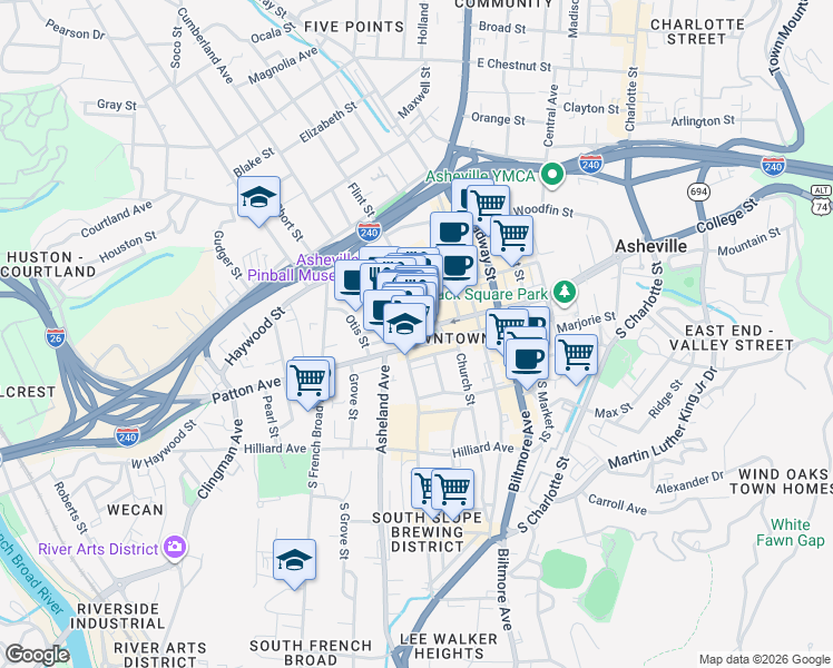 map of restaurants, bars, coffee shops, grocery stores, and more near 37 Battery Park Avenue in Asheville