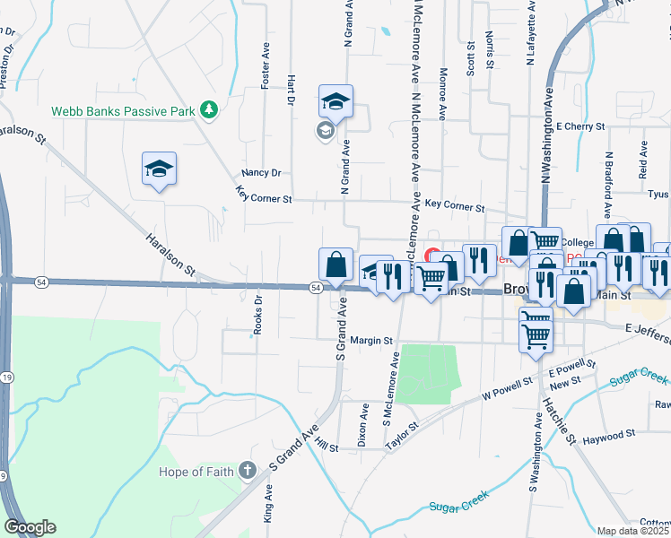 map of restaurants, bars, coffee shops, grocery stores, and more near 705 West Main Street in Brownsville