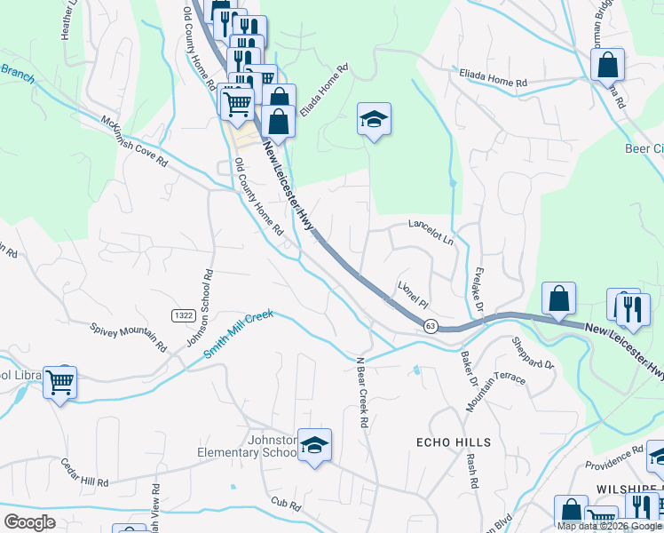map of restaurants, bars, coffee shops, grocery stores, and more near 268 North Carolina 63 in Asheville