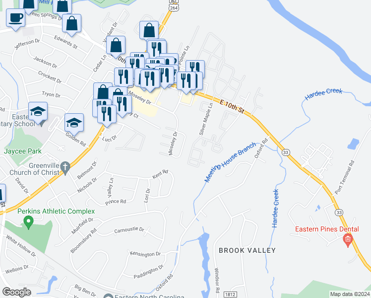 map of restaurants, bars, coffee shops, grocery stores, and more near 3314 Moseley Drive in Greenville