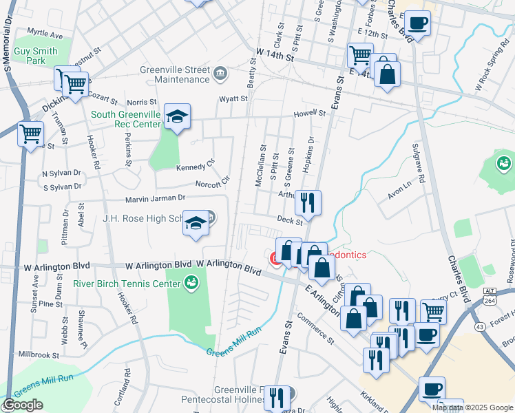 map of restaurants, bars, coffee shops, grocery stores, and more near 1909 McClellan Street in Greenville