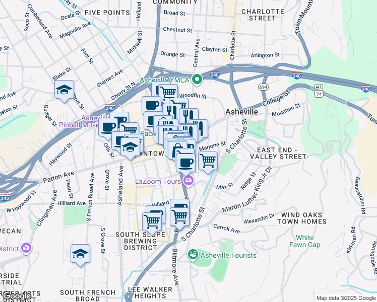 map of restaurants, bars, coffee shops, grocery stores, and more near in Asheville