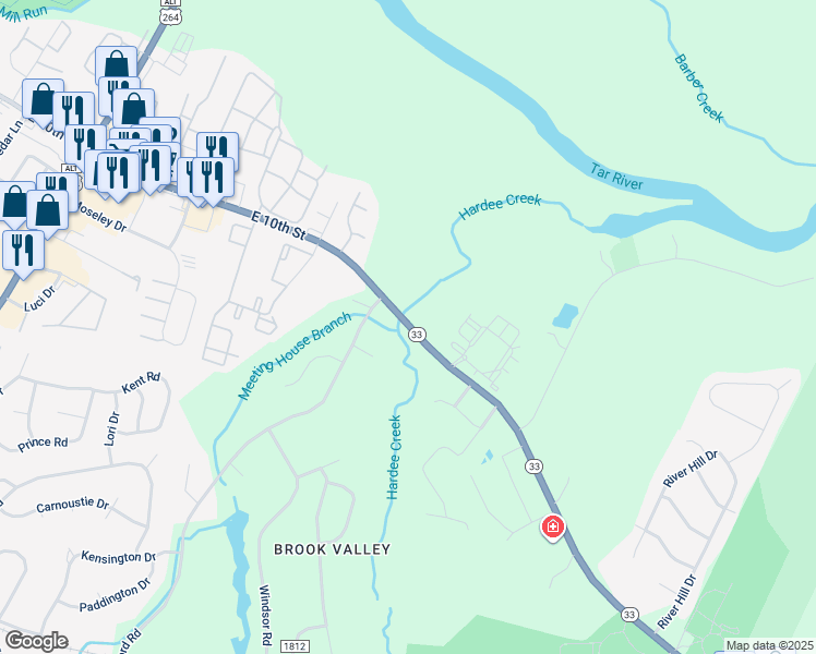 map of restaurants, bars, coffee shops, grocery stores, and more near 3501-3587 Highway 33 in Greenville