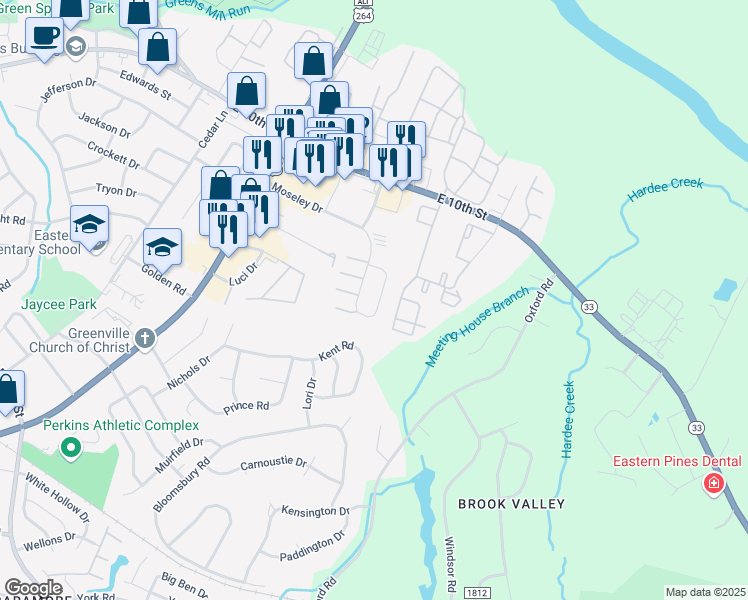 map of restaurants, bars, coffee shops, grocery stores, and more near 3314 Moseley Drive in Greenville