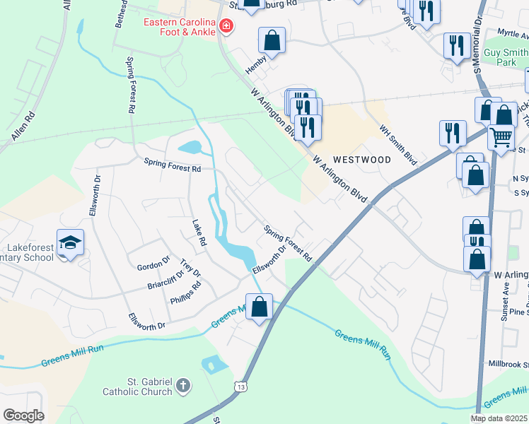 map of restaurants, bars, coffee shops, grocery stores, and more near 925 Spring Forest Road in Greenville