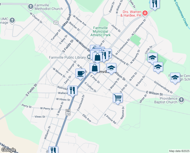 map of restaurants, bars, coffee shops, grocery stores, and more near 3438 South Contentnea Street in Farmville