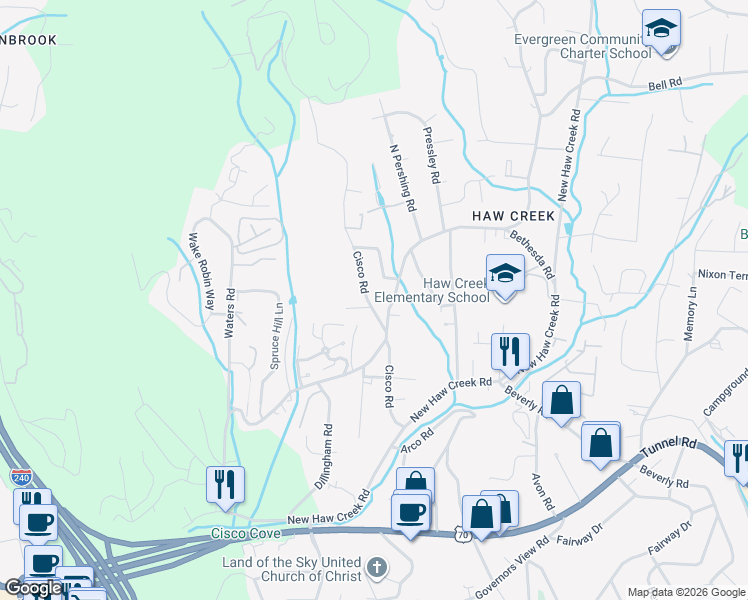 map of restaurants, bars, coffee shops, grocery stores, and more near 250 Old Haw Creek Road in Asheville
