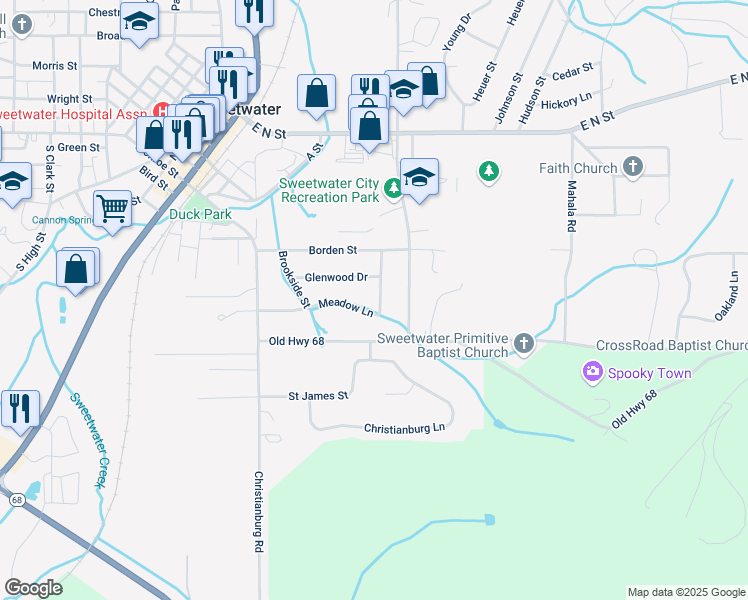 map of restaurants, bars, coffee shops, grocery stores, and more near 209 Meadow Lane in Sweetwater