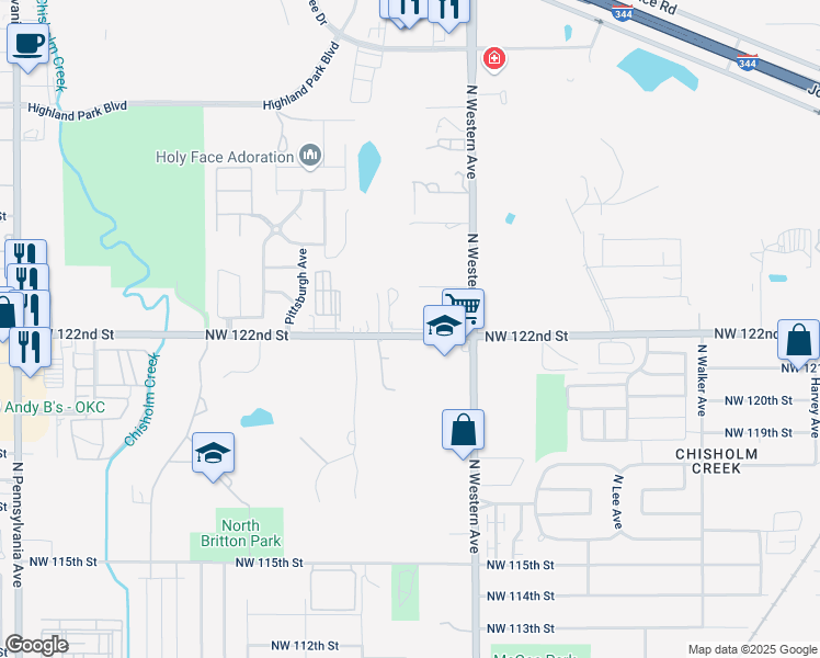 map of restaurants, bars, coffee shops, grocery stores, and more near 1208 Northwest 122nd Street in Oklahoma City