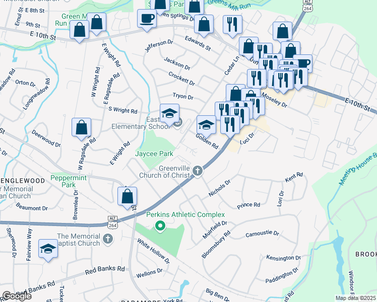 map of restaurants, bars, coffee shops, grocery stores, and more near 104 Cedar Court in Greenville