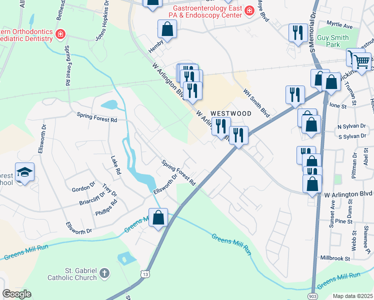 map of restaurants, bars, coffee shops, grocery stores, and more near 985 Spring Forest Road in Greenville
