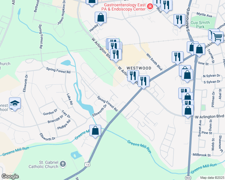 map of restaurants, bars, coffee shops, grocery stores, and more near 985 Spring Forest Road in Greenville