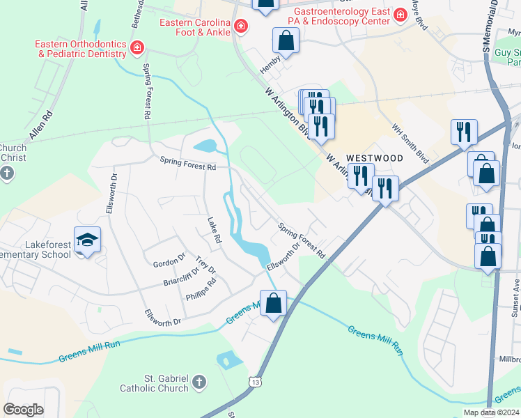 map of restaurants, bars, coffee shops, grocery stores, and more near 900 Spring Forest Road in Greenville