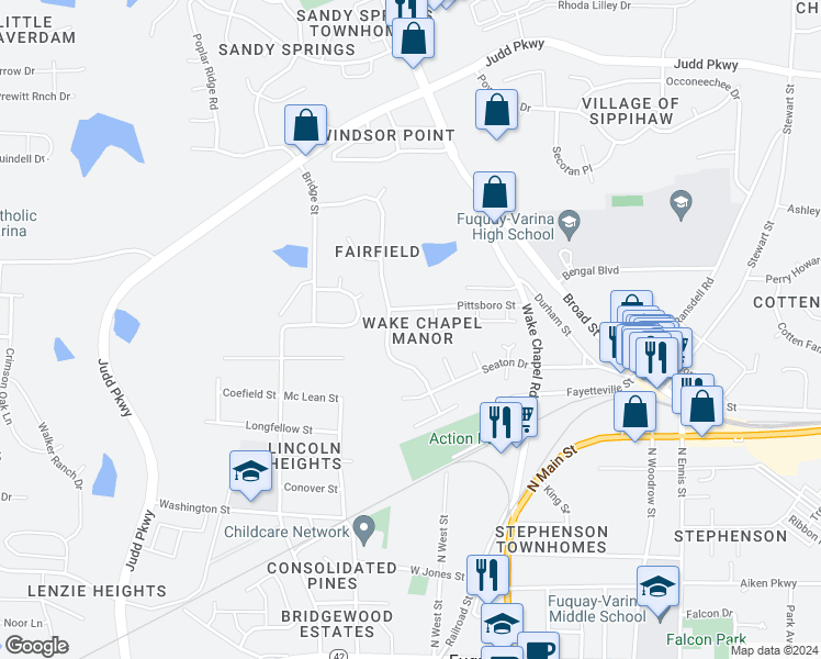 map of restaurants, bars, coffee shops, grocery stores, and more near 324 Santee Circle in Fuquay Varina
