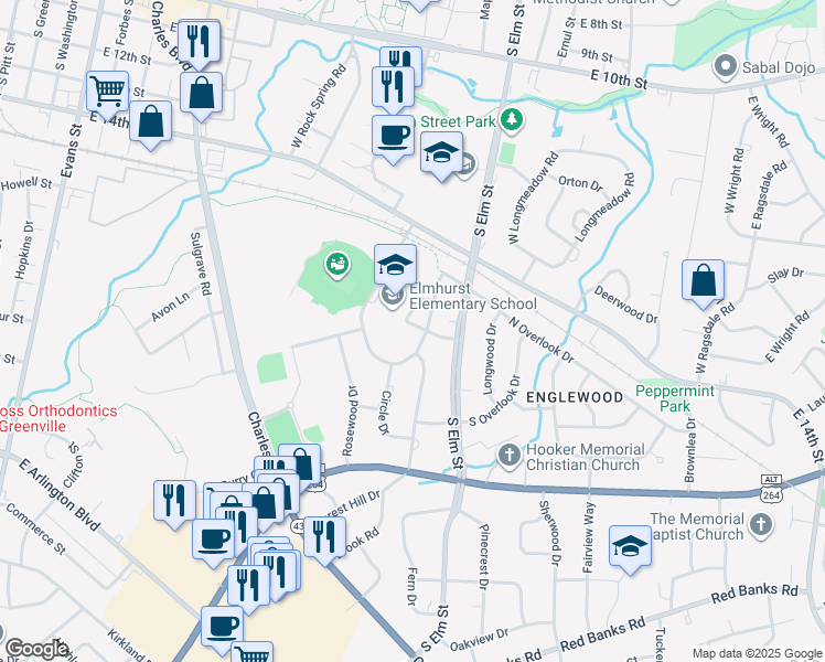 map of restaurants, bars, coffee shops, grocery stores, and more near 1711 Treemont Drive in Greenville