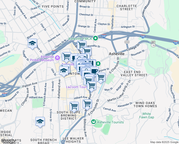 map of restaurants, bars, coffee shops, grocery stores, and more near in Asheville