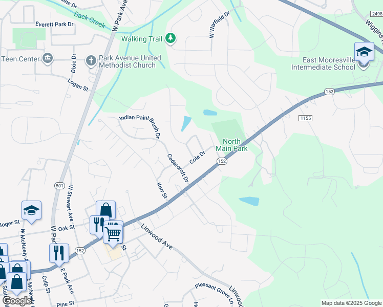 map of restaurants, bars, coffee shops, grocery stores, and more near 108 Wellshire Street in Mooresville