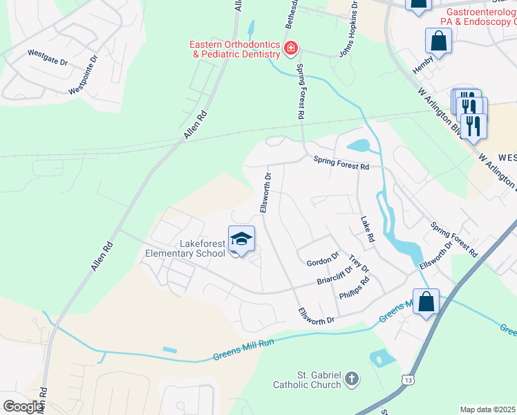 map of restaurants, bars, coffee shops, grocery stores, and more near 3405 Ellsworth Drive in Greenville